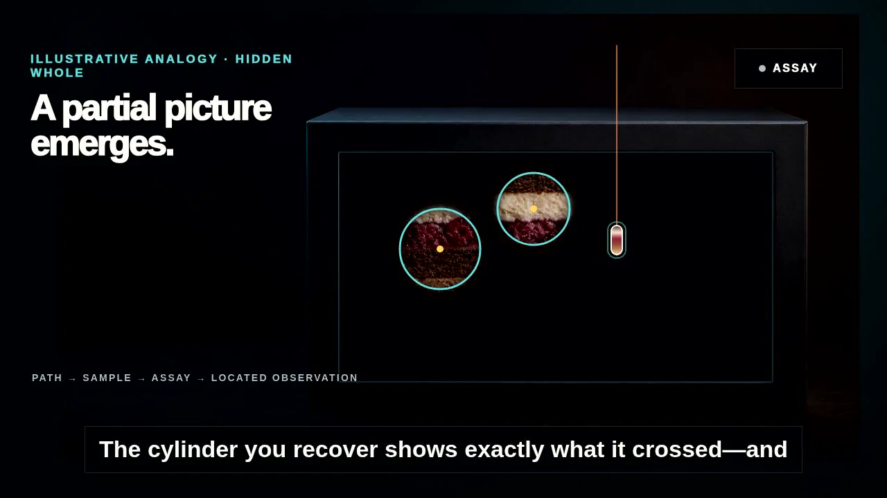 Cleo-style documentary frame showing a layered cake in a dark box revealed through several circular drill observations