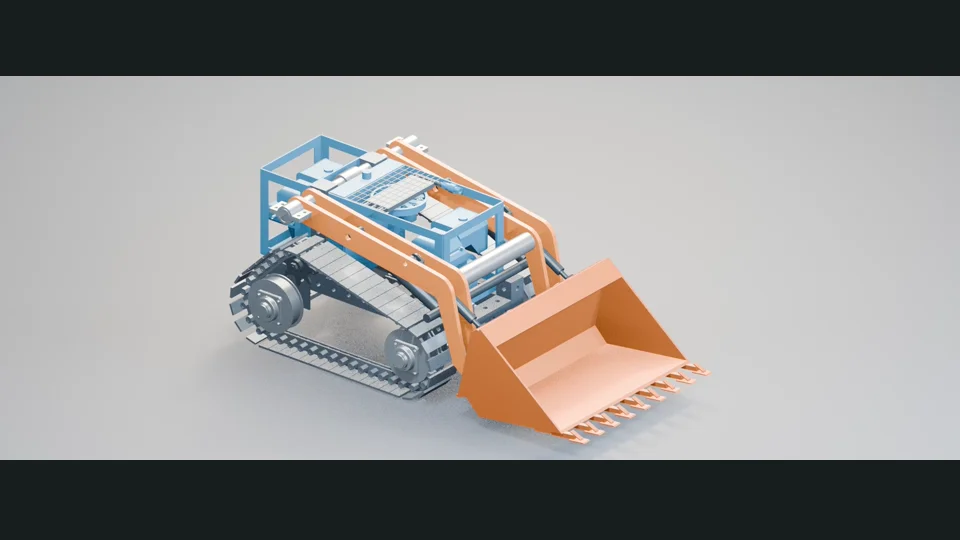 Assembled Microtrac tractor with orange loader arms and bucket, steel tracks and a blue power unit