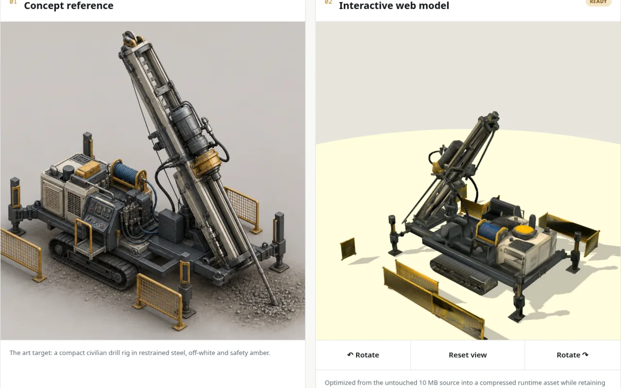 Side-by-side PAYDIRT exploration drill rig concept image and its interactive 3D model