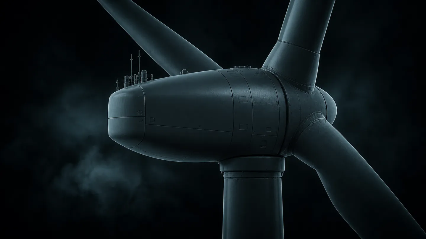 Stylized closed wind turbine nacelle before the copper reveal.