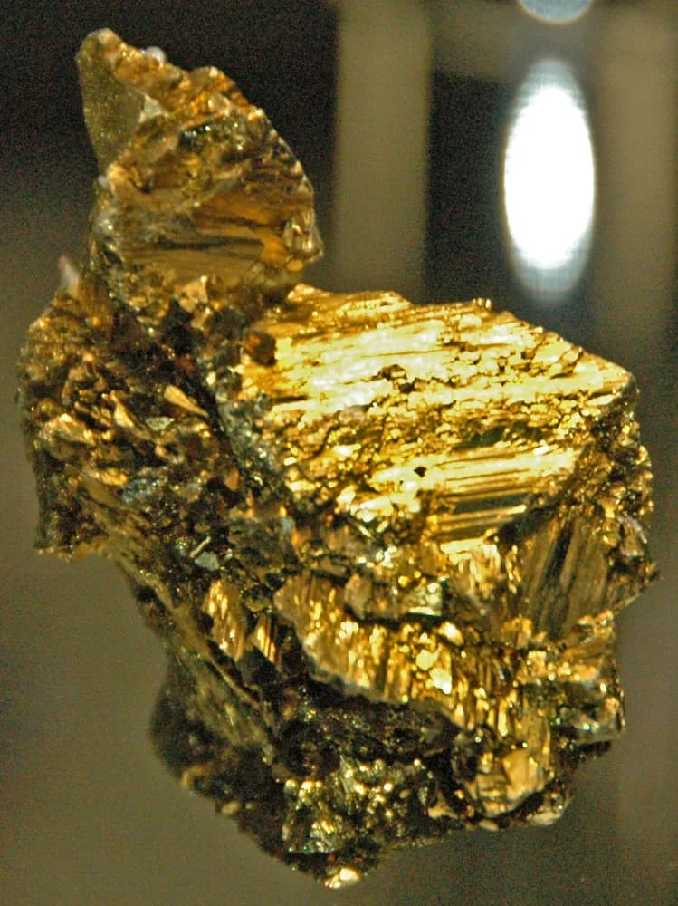 Golden brassy chalcopyrite hand specimen displayed against a museum background
